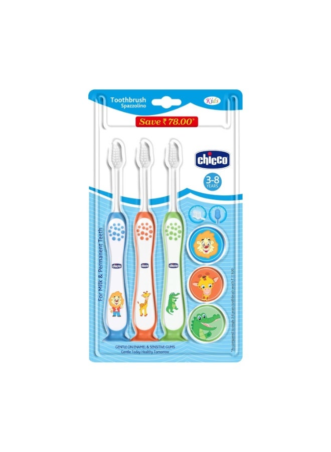 Chicco Toothbrush 3Y-8Y 3 Pack- Blue, Orange & Green - Image 2
